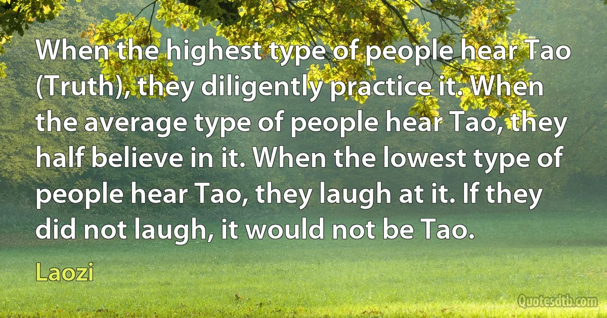 When the highest type of people hear Tao (Truth), they diligently practice it. When the average type of people hear Tao, they half believe in it. When the lowest type of people hear Tao, they laugh at it. If they did not laugh, it would not be Tao. (Laozi)