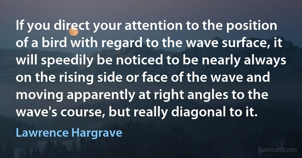 If you direct your attention to the position of a bird with regard to the wave surface, it will speedily be noticed to be nearly always on the rising side or face of the wave and moving apparently at right angles to the wave's course, but really diagonal to it. (Lawrence Hargrave)