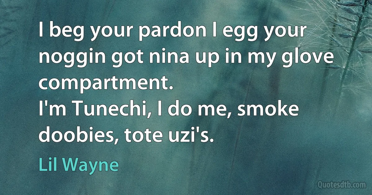 I beg your pardon I egg your noggin got nina up in my glove compartment.
I'm Tunechi, I do me, smoke doobies, tote uzi's. (Lil Wayne)