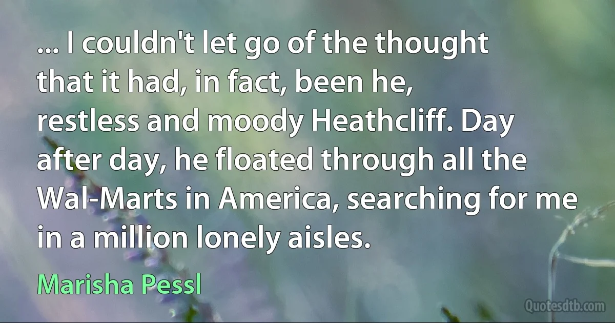 ... I couldn't let go of the thought that it had, in fact, been he, restless and moody Heathcliff. Day after day, he floated through all the Wal-Marts in America, searching for me in a million lonely aisles. (Marisha Pessl)