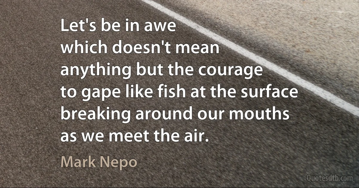 Let's be in awe
which doesn't mean
anything but the courage
to gape like fish at the surface
breaking around our mouths
as we meet the air. (Mark Nepo)