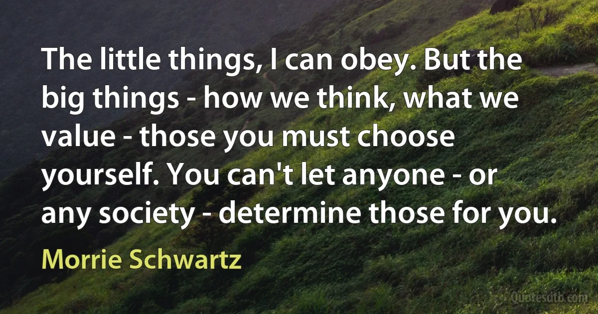 The little things, I can obey. But the big things - how we think, what we value - those you must choose yourself. You can't let anyone - or any society - determine those for you. (Morrie Schwartz)