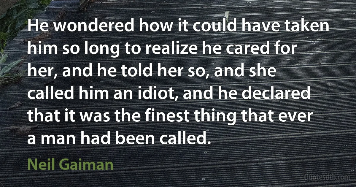 He wondered how it could have taken him so long to realize he cared for her, and he told her so, and she called him an idiot, and he declared that it was the finest thing that ever a man had been called. (Neil Gaiman)