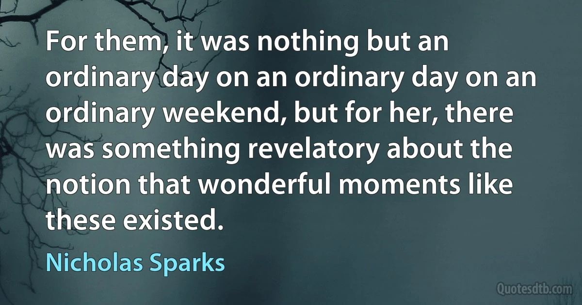 For them, it was nothing but an ordinary day on an ordinary day on an ordinary weekend, but for her, there was something revelatory about the notion that wonderful moments like these existed. (Nicholas Sparks)