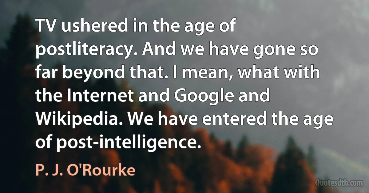 TV ushered in the age of postliteracy. And we have gone so far beyond that. I mean, what with the Internet and Google and Wikipedia. We have entered the age of post-intelligence. (P. J. O'Rourke)