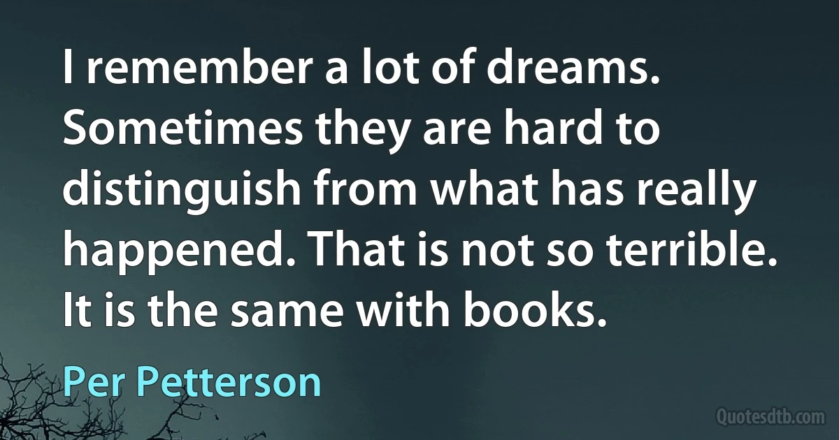 I remember a lot of dreams. Sometimes they are hard to distinguish from what has really happened. That is not so terrible. It is the same with books. (Per Petterson)