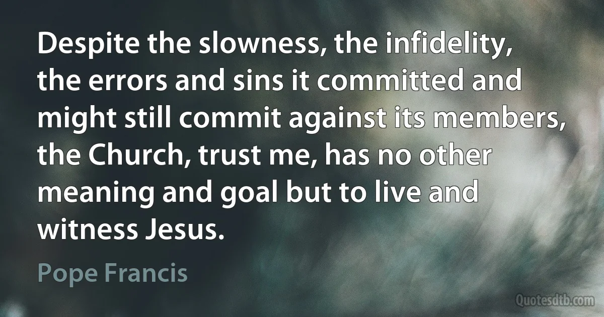 Despite the slowness, the infidelity, the errors and sins it committed and might still commit against its members, the Church, trust me, has no other meaning and goal but to live and witness Jesus. (Pope Francis)