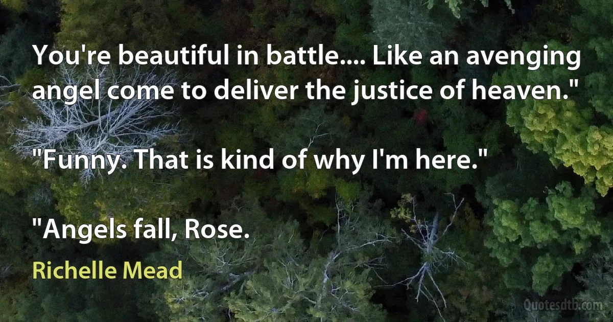 You're beautiful in battle.... Like an avenging angel come to deliver the justice of heaven."

"Funny. That is kind of why I'm here."

"Angels fall, Rose. (Richelle Mead)