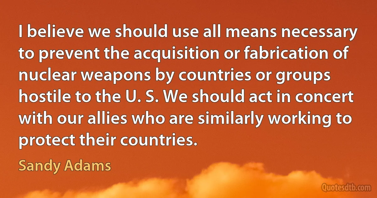 I believe we should use all means necessary to prevent the acquisition or fabrication of nuclear weapons by countries or groups hostile to the U. S. We should act in concert with our allies who are similarly working to protect their countries. (Sandy Adams)