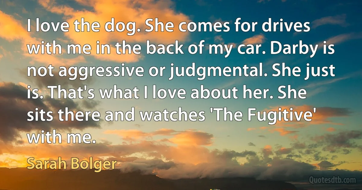 I love the dog. She comes for drives with me in the back of my car. Darby is not aggressive or judgmental. She just is. That's what I love about her. She sits there and watches 'The Fugitive' with me. (Sarah Bolger)