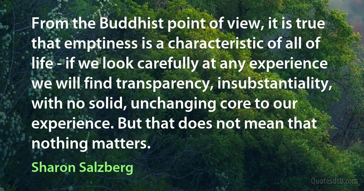 From the Buddhist point of view, it is true that emptiness is a characteristic of all of life - if we look carefully at any experience we will find transparency, insubstantiality, with no solid, unchanging core to our experience. But that does not mean that nothing matters. (Sharon Salzberg)