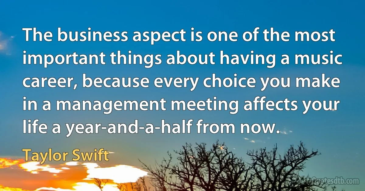 The business aspect is one of the most important things about having a music career, because every choice you make in a management meeting affects your life a year-and-a-half from now. (Taylor Swift)