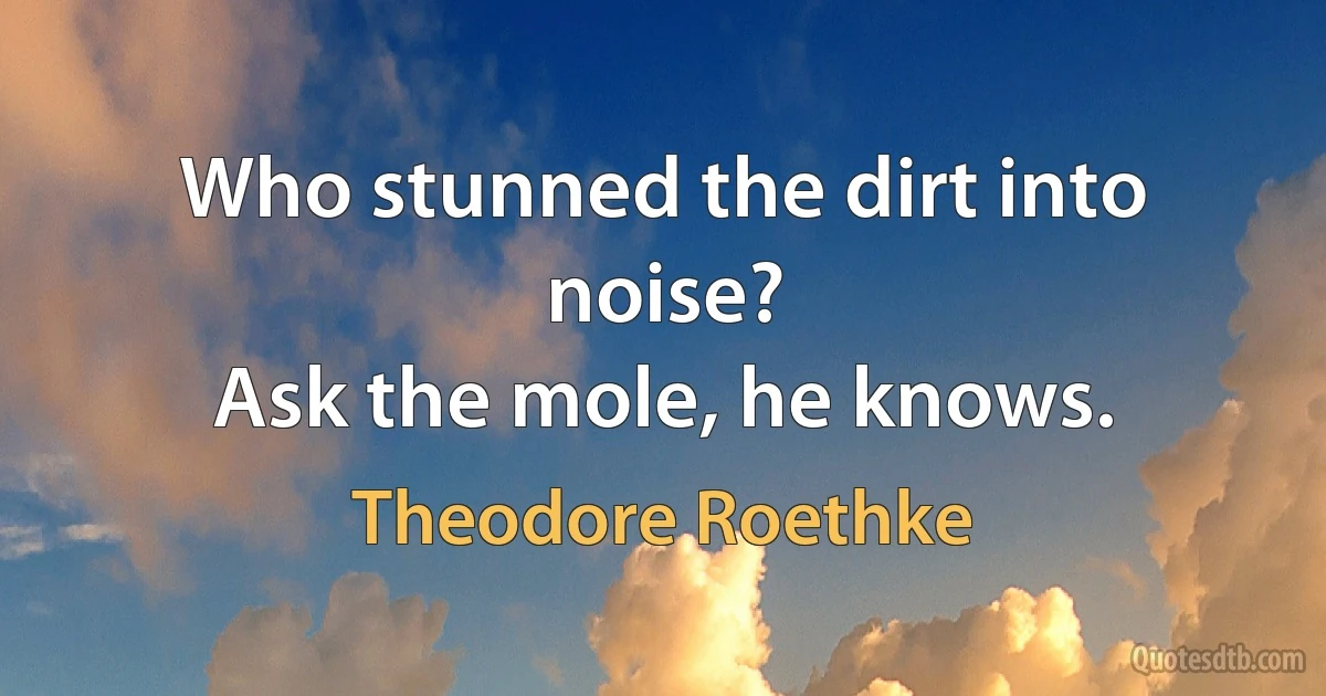 Who stunned the dirt into noise?
Ask the mole, he knows. (Theodore Roethke)