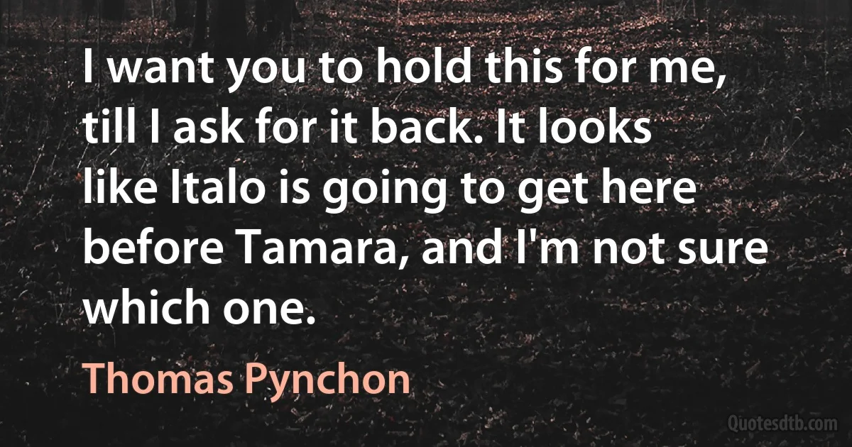 I want you to hold this for me, till I ask for it back. It looks like Italo is going to get here before Tamara, and I'm not sure which one. (Thomas Pynchon)