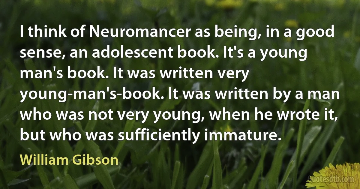 I think of Neuromancer as being, in a good sense, an adolescent book. It's a young man's book. It was written very young-man's-book. It was written by a man who was not very young, when he wrote it, but who was sufficiently immature. (William Gibson)