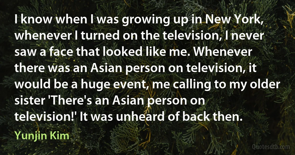 I know when I was growing up in New York, whenever I turned on the television, I never saw a face that looked like me. Whenever there was an Asian person on television, it would be a huge event, me calling to my older sister 'There's an Asian person on television!' It was unheard of back then. (Yunjin Kim)