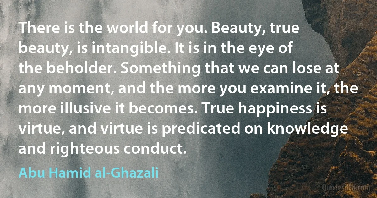 There is the world for you. Beauty, true beauty, is intangible. It is in the eye of the beholder. Something that we can lose at any moment, and the more you examine it, the more illusive it becomes. True happiness is virtue, and virtue is predicated on knowledge and righteous conduct. (Abu Hamid al-Ghazali)