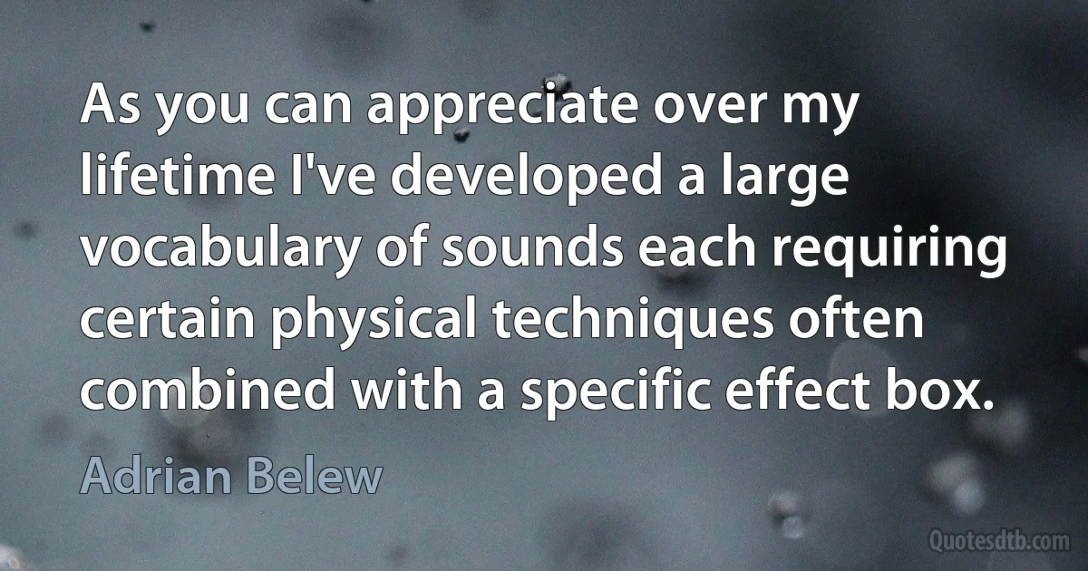 As you can appreciate over my lifetime I've developed a large vocabulary of sounds each requiring certain physical techniques often combined with a specific effect box. (Adrian Belew)