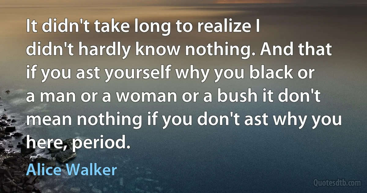 It didn't take long to realize I didn't hardly know nothing. And that if you ast yourself why you black or a man or a woman or a bush it don't mean nothing if you don't ast why you here, period. (Alice Walker)