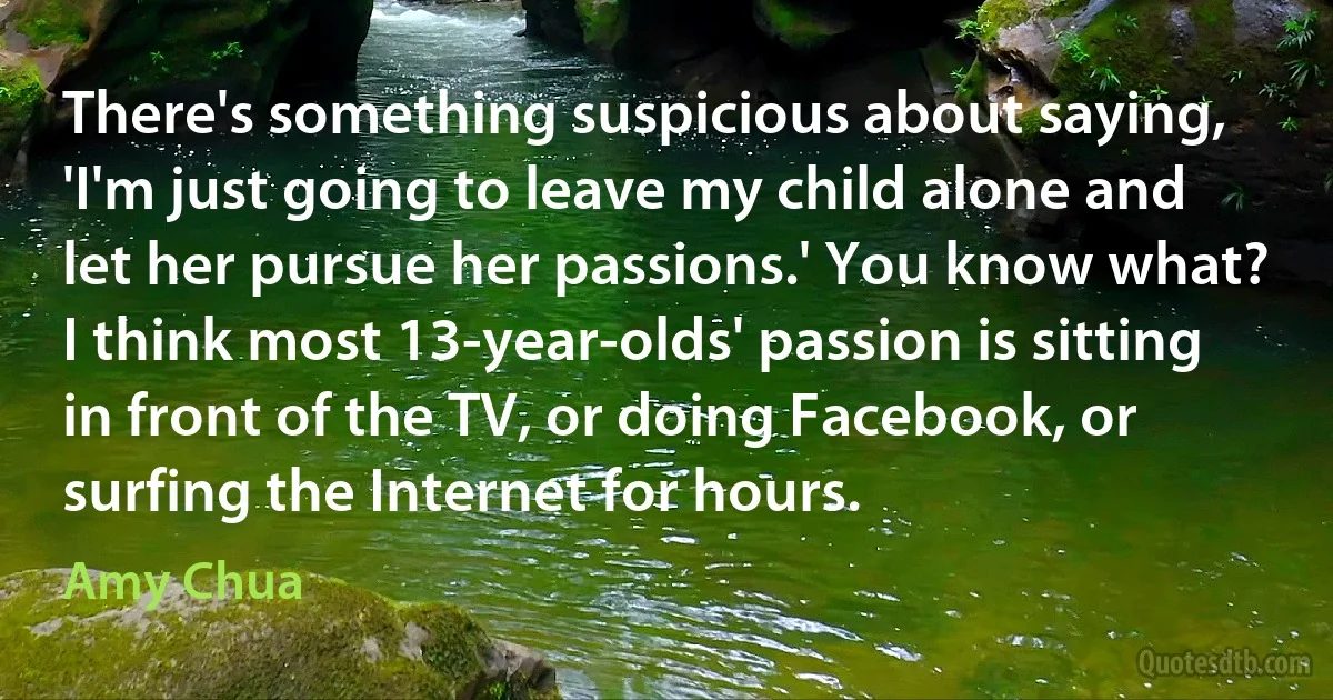 There's something suspicious about saying, 'I'm just going to leave my child alone and let her pursue her passions.' You know what? I think most 13-year-olds' passion is sitting in front of the TV, or doing Facebook, or surfing the Internet for hours. (Amy Chua)