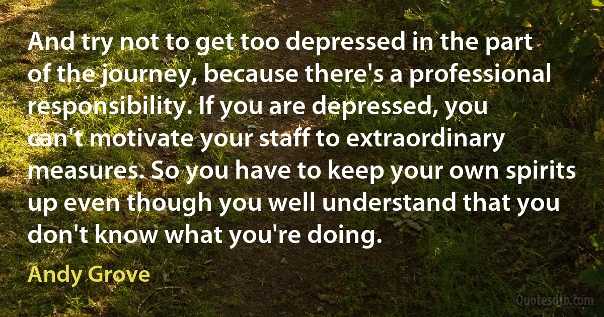 And try not to get too depressed in the part of the journey, because there's a professional responsibility. If you are depressed, you can't motivate your staff to extraordinary measures. So you have to keep your own spirits up even though you well understand that you don't know what you're doing. (Andy Grove)