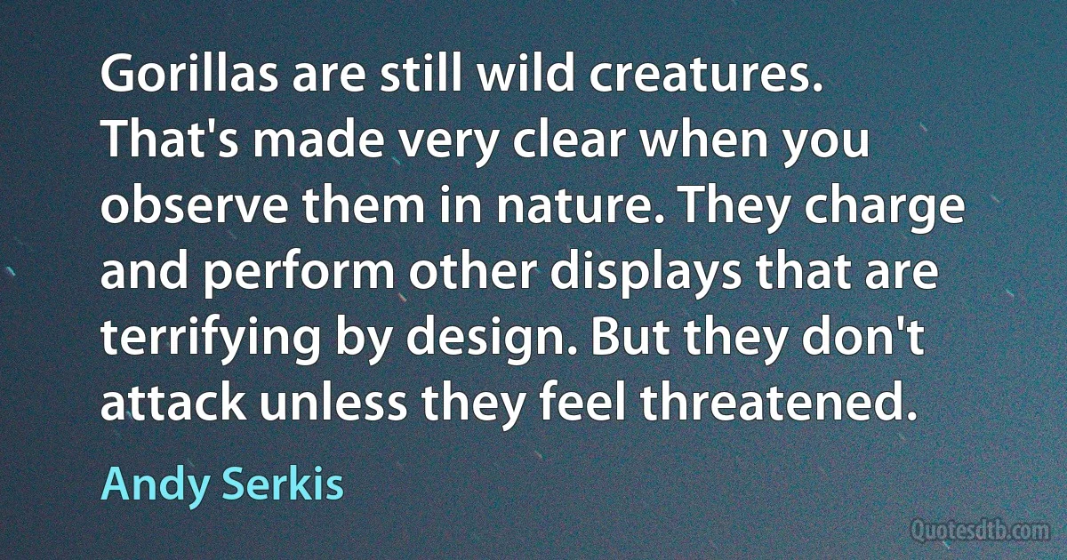 Gorillas are still wild creatures. That's made very clear when you observe them in nature. They charge and perform other displays that are terrifying by design. But they don't attack unless they feel threatened. (Andy Serkis)