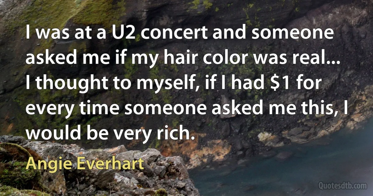 I was at a U2 concert and someone asked me if my hair color was real... I thought to myself, if I had $1 for every time someone asked me this, I would be very rich. (Angie Everhart)