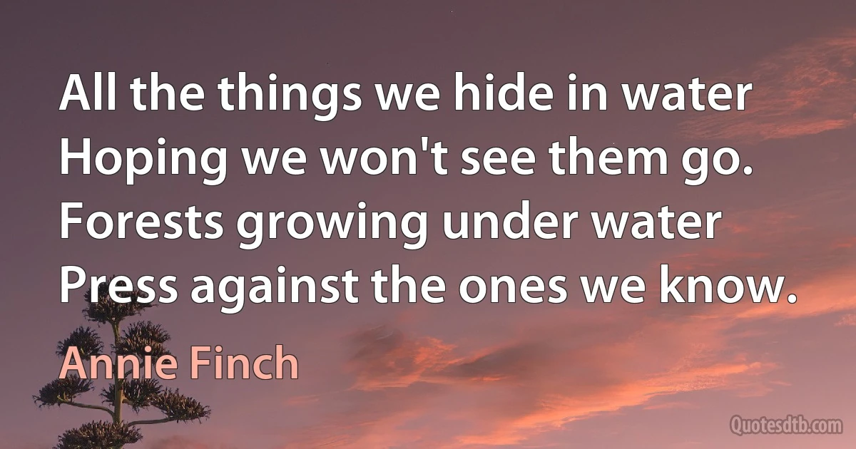 All the things we hide in water
Hoping we won't see them go.
Forests growing under water
Press against the ones we know. (Annie Finch)