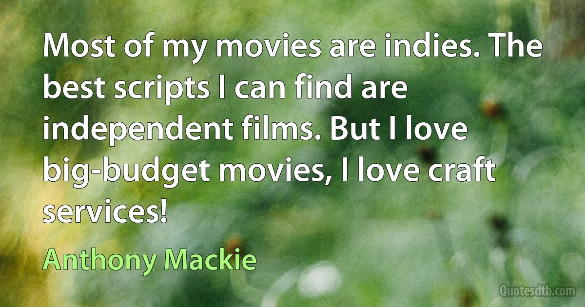 Most of my movies are indies. The best scripts I can find are independent films. But I love big-budget movies, I love craft services! (Anthony Mackie)