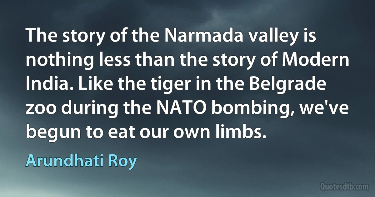 The story of the Narmada valley is nothing less than the story of Modern India. Like the tiger in the Belgrade zoo during the NATO bombing, we've begun to eat our own limbs. (Arundhati Roy)