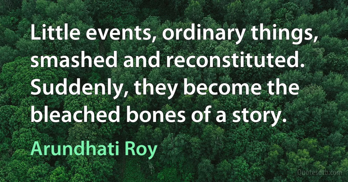 Little events, ordinary things, smashed and reconstituted. Suddenly, they become the bleached bones of a story. (Arundhati Roy)