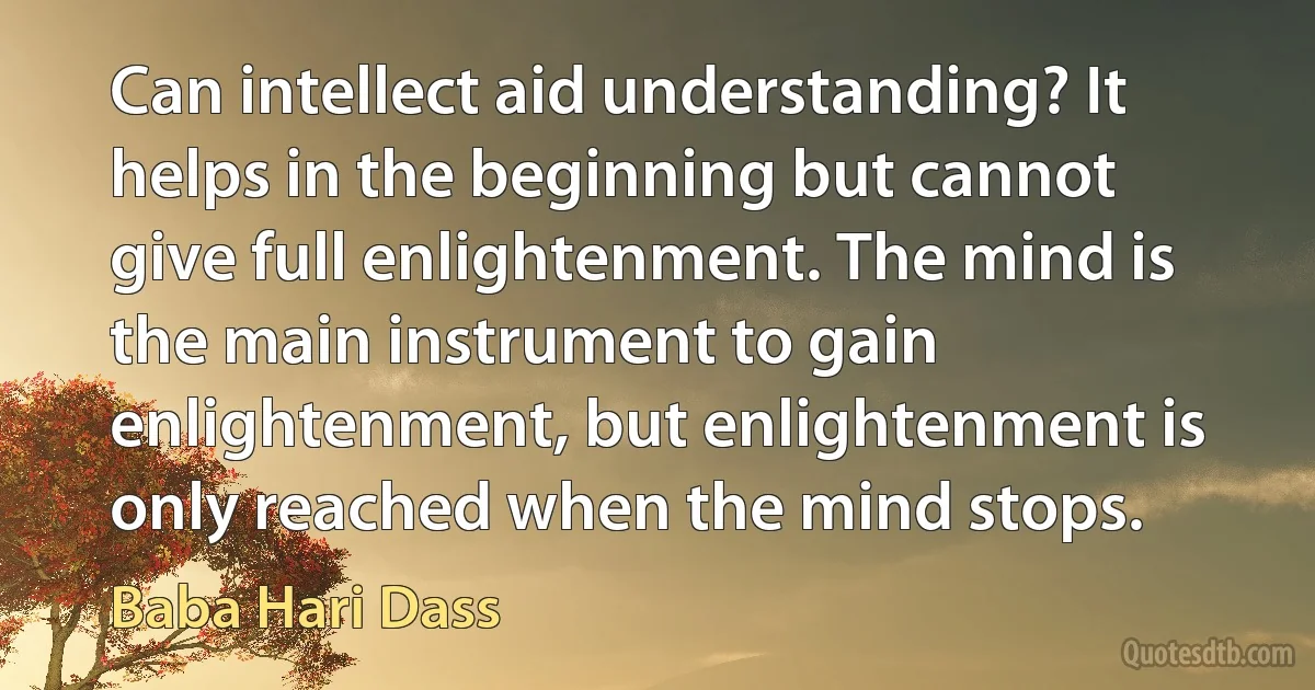 Can intellect aid understanding? It helps in the beginning but cannot give full enlightenment. The mind is the main instrument to gain enlightenment, but enlightenment is only reached when the mind stops. (Baba Hari Dass)