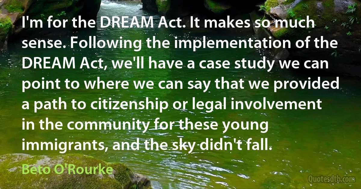 I'm for the DREAM Act. It makes so much sense. Following the implementation of the DREAM Act, we'll have a case study we can point to where we can say that we provided a path to citizenship or legal involvement in the community for these young immigrants, and the sky didn't fall. (Beto O'Rourke)