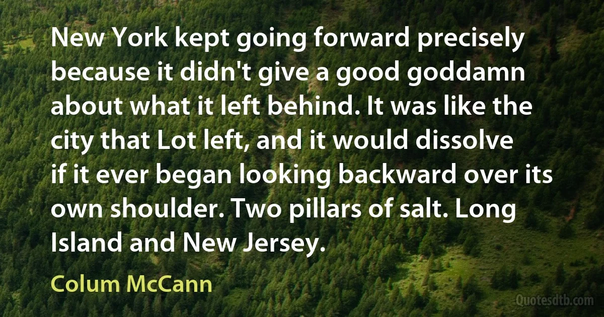 New York kept going forward precisely because it didn't give a good goddamn about what it left behind. It was like the city that Lot left, and it would dissolve if it ever began looking backward over its own shoulder. Two pillars of salt. Long Island and New Jersey. (Colum McCann)