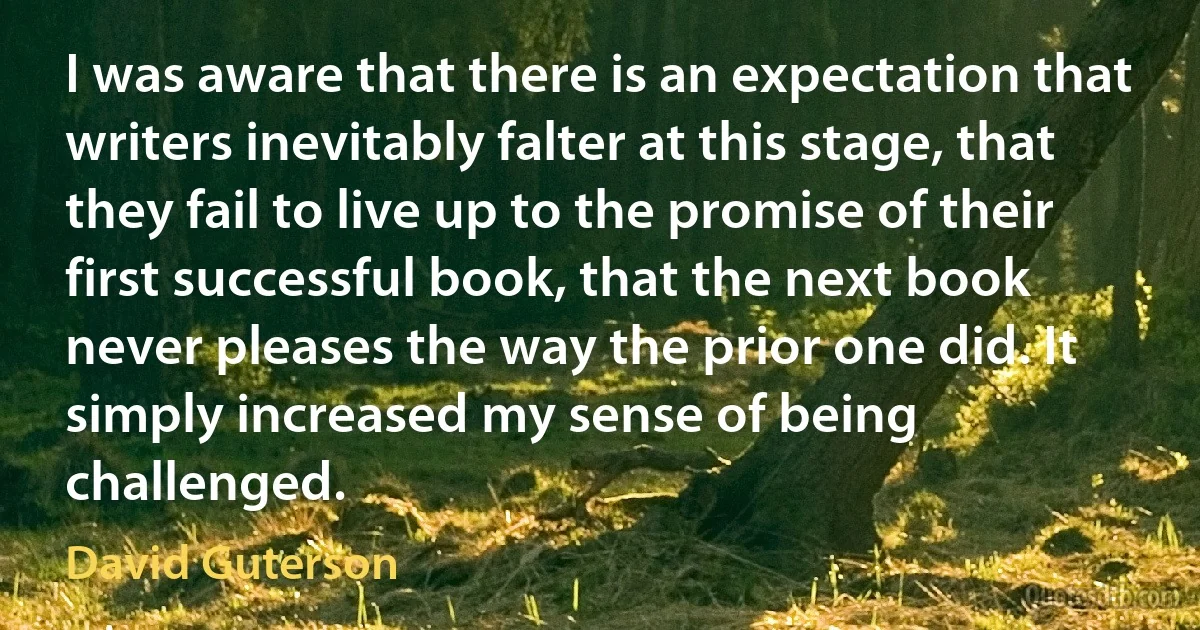 I was aware that there is an expectation that writers inevitably falter at this stage, that they fail to live up to the promise of their first successful book, that the next book never pleases the way the prior one did. It simply increased my sense of being challenged. (David Guterson)