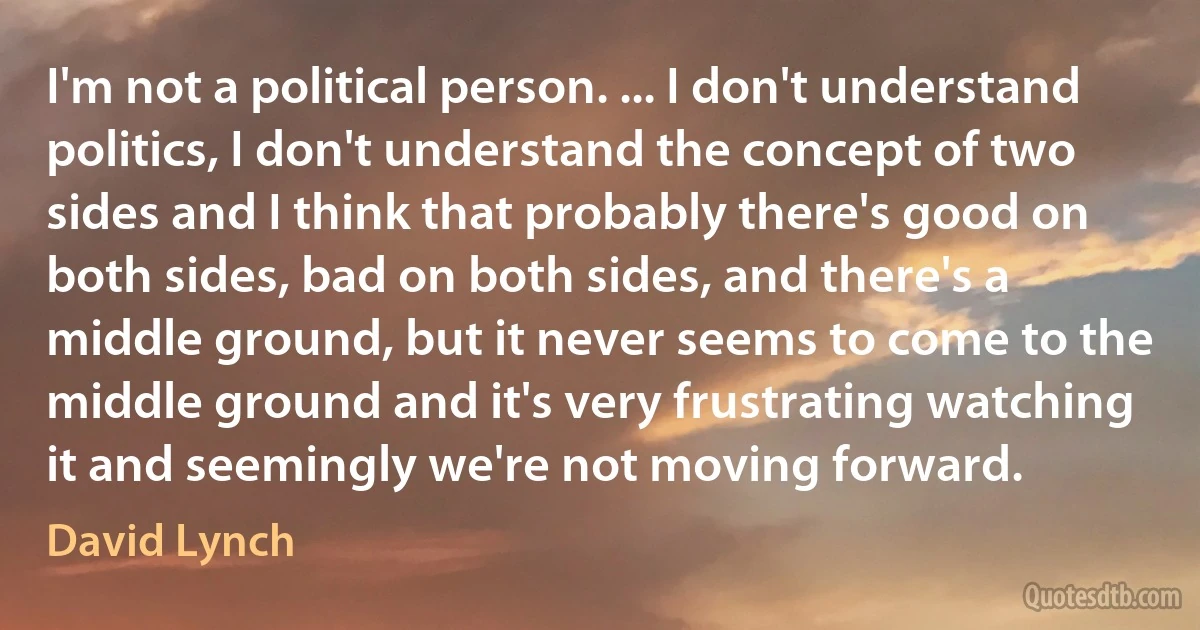 I'm not a political person. ... I don't understand politics, I don't understand the concept of two sides and I think that probably there's good on both sides, bad on both sides, and there's a middle ground, but it never seems to come to the middle ground and it's very frustrating watching it and seemingly we're not moving forward. (David Lynch)