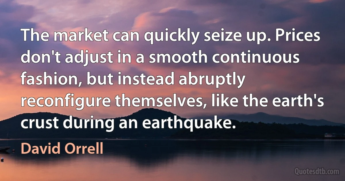 The market can quickly seize up. Prices don't adjust in a smooth continuous fashion, but instead abruptly reconfigure themselves, like the earth's crust during an earthquake. (David Orrell)