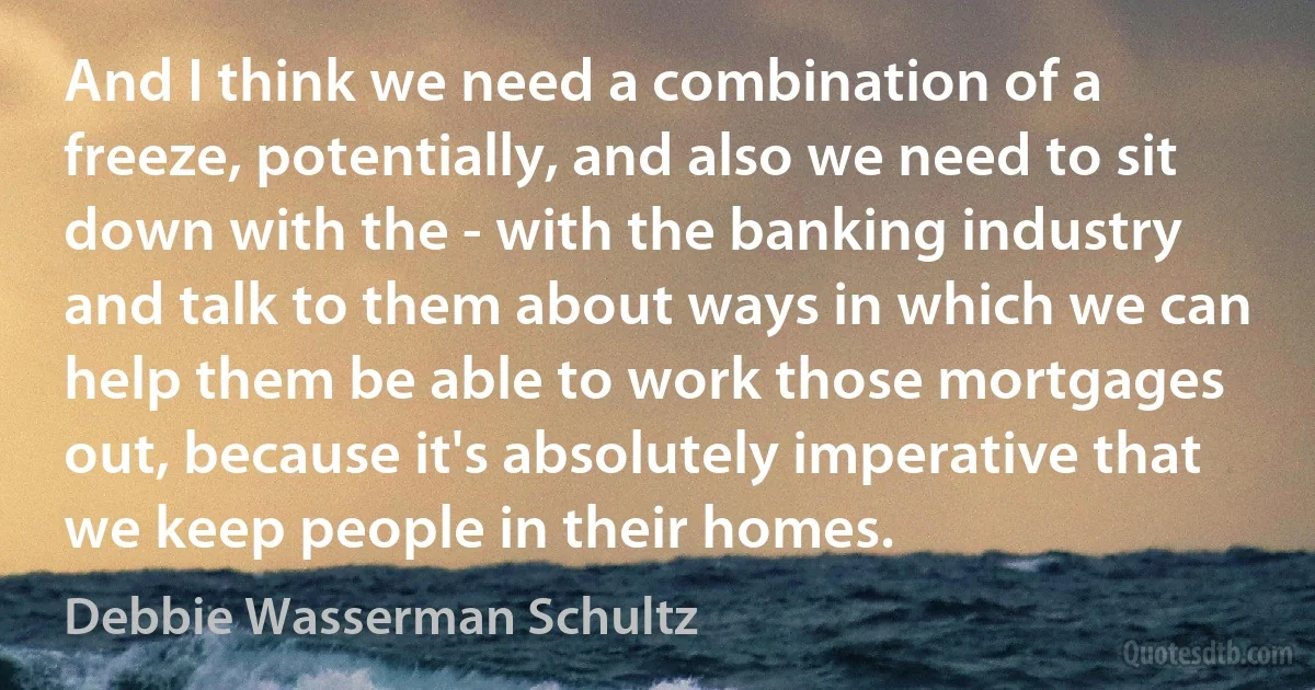 And I think we need a combination of a freeze, potentially, and also we need to sit down with the - with the banking industry and talk to them about ways in which we can help them be able to work those mortgages out, because it's absolutely imperative that we keep people in their homes. (Debbie Wasserman Schultz)