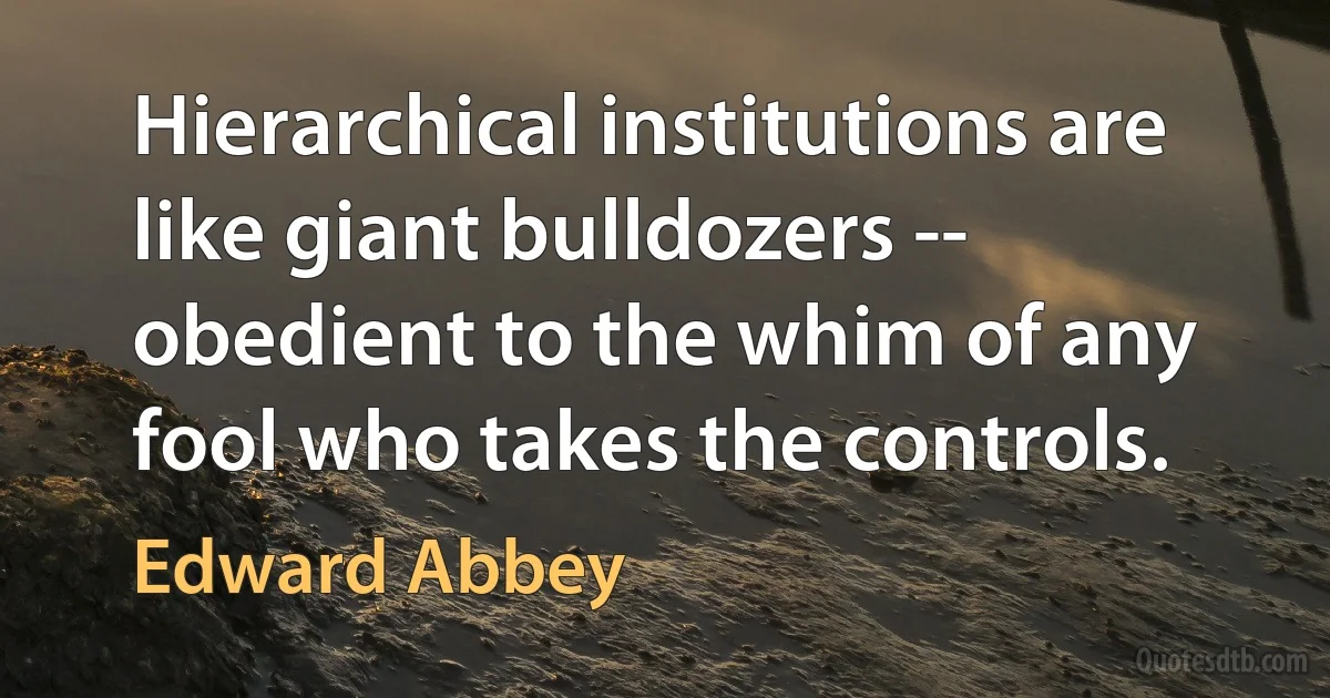 Hierarchical institutions are like giant bulldozers -- obedient to the whim of any fool who takes the controls. (Edward Abbey)