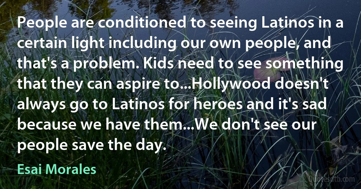 People are conditioned to seeing Latinos in a certain light including our own people, and that's a problem. Kids need to see something that they can aspire to...Hollywood doesn't always go to Latinos for heroes and it's sad because we have them...We don't see our people save the day. (Esai Morales)