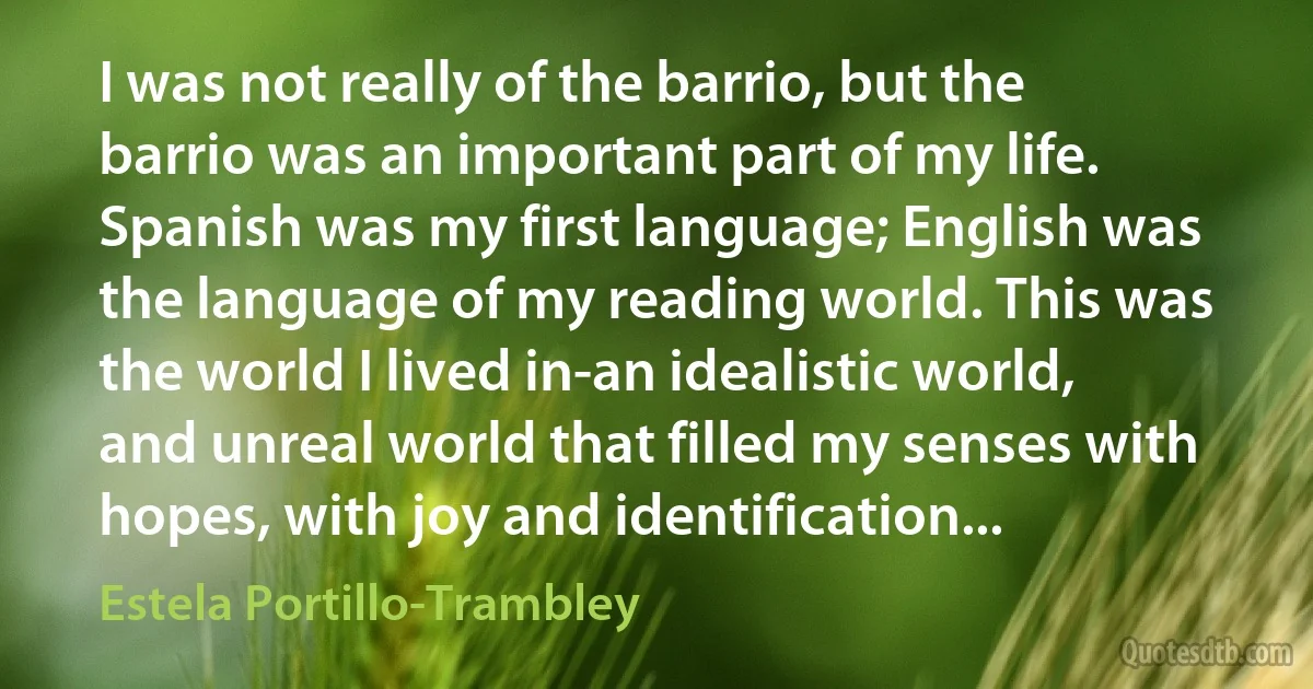 I was not really of the barrio, but the barrio was an important part of my life. Spanish was my first language; English was the language of my reading world. This was the world I lived in-an idealistic world, and unreal world that filled my senses with hopes, with joy and identification... (Estela Portillo-Trambley)