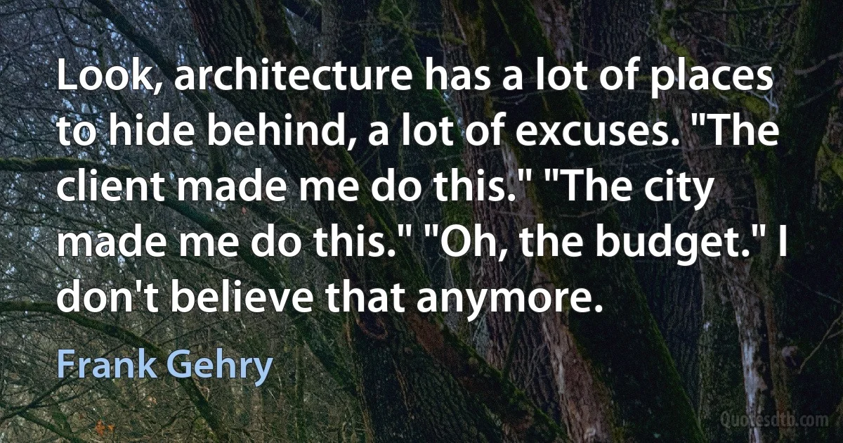 Look, architecture has a lot of places to hide behind, a lot of excuses. "The client made me do this." "The city made me do this." "Oh, the budget." I don't believe that anymore. (Frank Gehry)