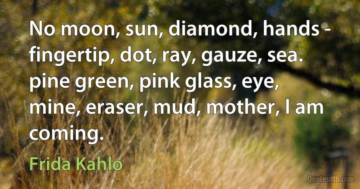 No moon, sun, diamond, hands - fingertip, dot, ray, gauze, sea. pine green, pink glass, eye, mine, eraser, mud, mother, I am coming. (Frida Kahlo)