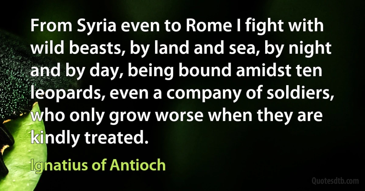 From Syria even to Rome I fight with wild beasts, by land and sea, by night and by day, being bound amidst ten leopards, even a company of soldiers, who only grow worse when they are kindly treated. (Ignatius of Antioch)
