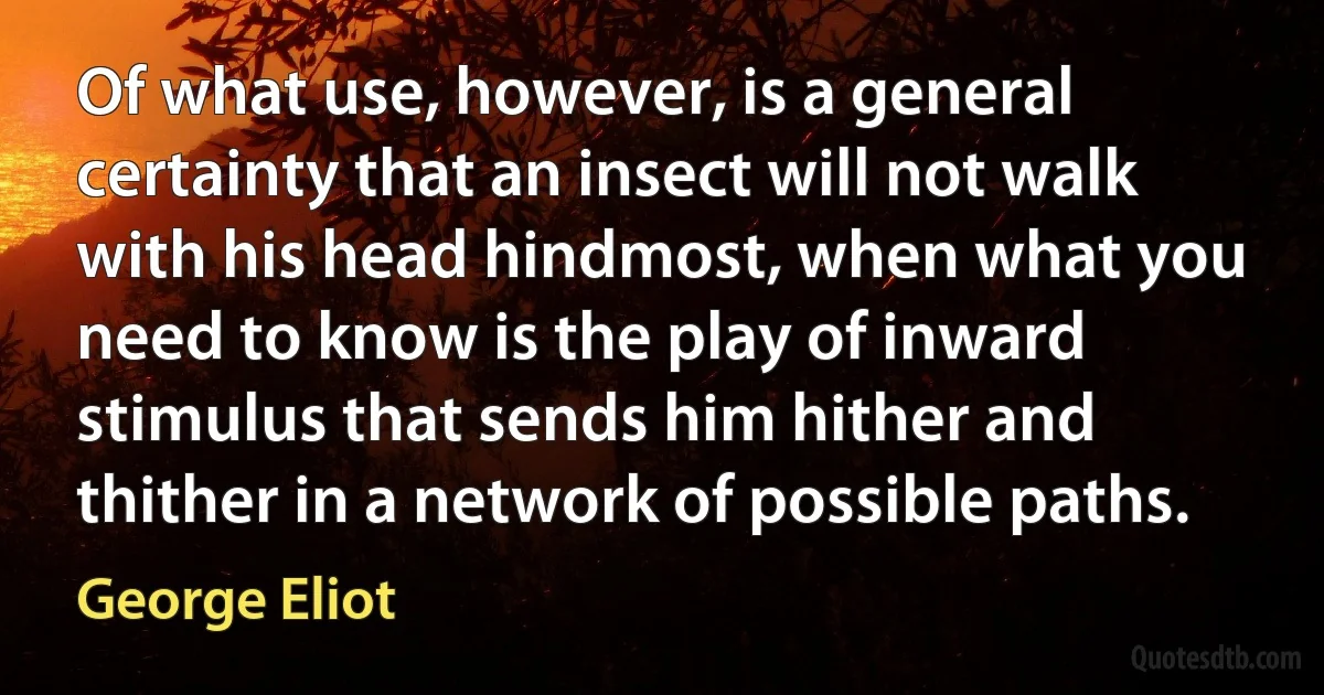 Of what use, however, is a general certainty that an insect will not walk with his head hindmost, when what you need to know is the play of inward stimulus that sends him hither and thither in a network of possible paths. (George Eliot)