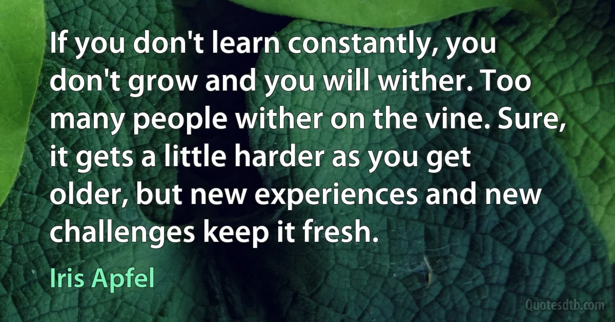 If you don't learn constantly, you don't grow and you will wither. Too many people wither on the vine. Sure, it gets a little harder as you get older, but new experiences and new challenges keep it fresh. (Iris Apfel)