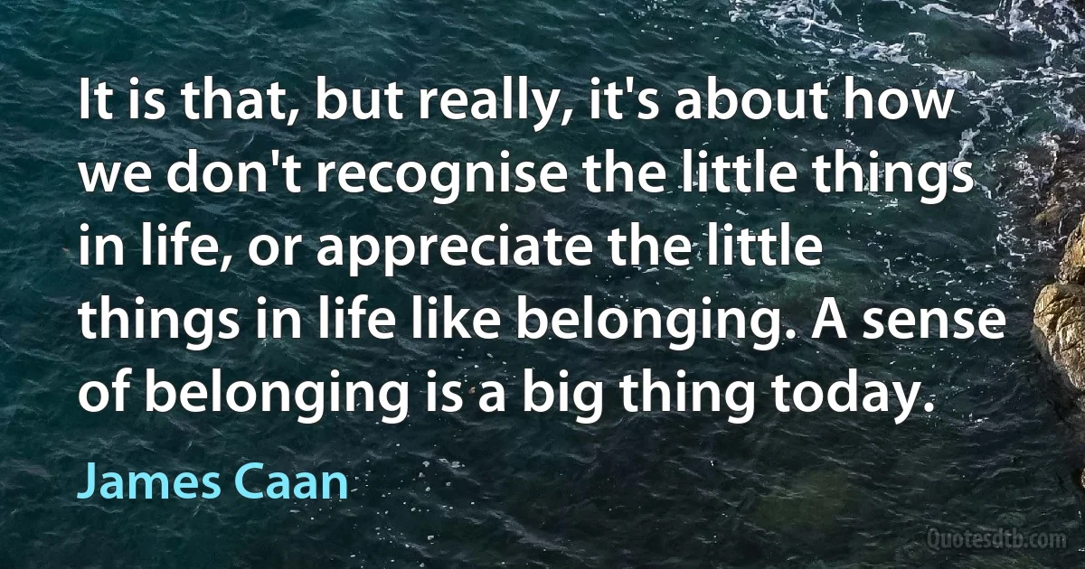 It is that, but really, it's about how we don't recognise the little things in life, or appreciate the little things in life like belonging. A sense of belonging is a big thing today. (James Caan)