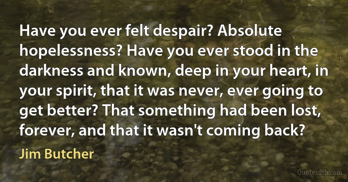 Have you ever felt despair? Absolute hopelessness? Have you ever stood in the darkness and known, deep in your heart, in your spirit, that it was never, ever going to get better? That something had been lost, forever, and that it wasn't coming back? (Jim Butcher)