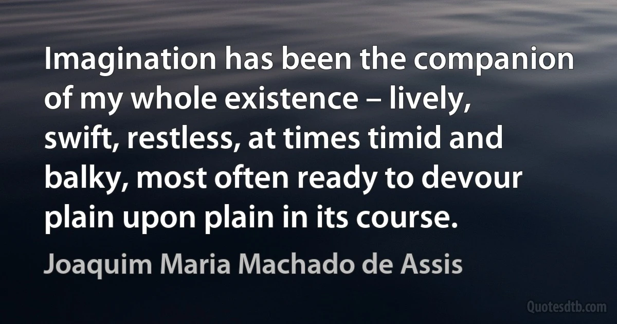 Imagination has been the companion of my whole existence – lively, swift, restless, at times timid and balky, most often ready to devour plain upon plain in its course. (Joaquim Maria Machado de Assis)