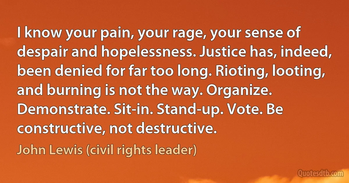 I know your pain, your rage, your sense of despair and hopelessness. Justice has, indeed, been denied for far too long. Rioting, looting, and burning is not the way. Organize. Demonstrate. Sit-in. Stand-up. Vote. Be constructive, not destructive. (John Lewis (civil rights leader))